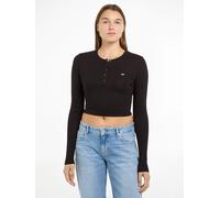 Langarmshirt TOMMY JEANS "TJW CRP HENLEY TOP LS", Damen, Gr. XL (42), schwarz, Single Jersey, Obermaterial: 95% Baumwolle, 5% Elasthan, unifarben, Shirts Langarmshirt, in modischer Cropped Form (49499