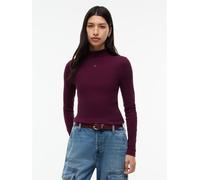 Langarmshirt TOMMY JEANS "TJW ESSENTIAL MOCK NECK", Damen, Gr. XL (46), lila (calypso berry), Single Jersey, Obermaterial: 95% Baumwolle, 5% Elasthan, gestreift, normal, Rundhals, Shirts Langarmshirt,