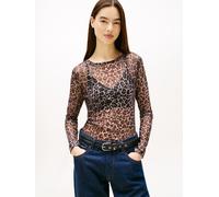 Langarmshirt TOMMY JEANS "TJW SLIM AOP MESH LS TOP EXT", Damen, Gr. M (38), leopard aop, Single Jersey, Obermaterial: 95% Polyester, 5% sonstige Fasern, animal-print, bedruckt, slim fit, Rundhals, Shi