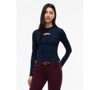 Langarmshirt TOMMY JEANS "TJW SLIM ESS LOGO 1 LS TEE", Damen, Gr. S (36/38), blau (dunkelblau), Single Jersey, Obermaterial: 95% Baumwolle, 5% Elasthan, bedruckt, slim fit normal, Rundhals, Shirts Lan