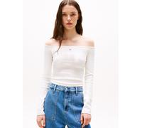 Langarmshirt TOMMY JEANS "TJW SLIM ESSENTIAL BOAT NECK LS", Damen, Gr. S (36), beige (ecru), Single Jersey, Obermaterial: 95% Baumwolle, 5% Elasthan, unifarben, figurbetont, Shirts Langarmshirt (84205