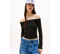 Langarmshirt TOMMY JEANS "TJW SLIM ESSENTIAL BOAT NECK LS", Damen, Gr. S (36), schwarz, Single Jersey, Obermaterial: 95% Baumwolle, 5% Elasthan, unifarben, figurbetont, Shirts Langarmshirt (58922012-S