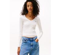 Langarmshirt TOMMY JEANS "TJW SLIM ESSENTIAL RIB V LS", Damen, Gr. L (40), beige (ecru), Rippware, Obermaterial: 95% Baumwolle, 5% Elasthan, unifarben, bestickt, Basic, schmal hüftlang, V-Ausschnitt,