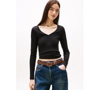 Tommy Jeans Damen Langarmshirt Slim Fit Essential V-Neck V-Ausschnitt, Schwarz (Black), S