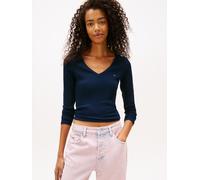 Langarmshirt TOMMY JEANS "TJW SLIM ESSENTIAL RIB V LS", Damen, Gr. S (36), schwarz night navy, Rippware, Obermaterial: 95% Baumwolle, 5% Elasthan, unifarben, schmal hüftlang, V-Ausschnitt, abgesteppt,