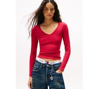 Langarmshirt TOMMY JEANS "TJW SLIM ESSENTIAL RIB V LS", Damen, Gr. XL (42), rot (ruby rhubarb), Rippware, Obermaterial: 95% Baumwolle, 5% Elasthan, bestickt, unifarben, schmal hüftlang, V-Ausschnitt,