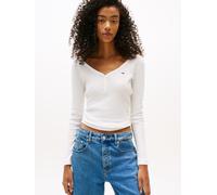 Langarmshirt TOMMY JEANS "TJW SLIM HENLEY WAFFLE LS", Damen, Gr. XL (42), beige (ecru), Single Jersey, Obermaterial: 58% Baumwolle, 39% Polyester, 3% Elasthan, unifarben, figurbetont normal, V-Ausschn
