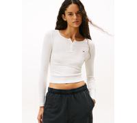 Langarmshirt TOMMY JEANS "TJW SLIM SH IRREGULAR RIB LS", Damen, Gr. S (36), beige (ecru), Single Jersey, Obermaterial: 95% Baumwolle, 5% Elasthan, unifarben, figurbetont, Rundhals, Shirts Langarmshirt