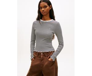 Langarmshirt TOMMY JEANS "TJW SLIM SH LETTUCE EDGE RIB LS", Damen, Gr. M (38), schwarz, ecru stripe, Single Jersey, Obermaterial: 95% Baumwolle, 5% Elasthan, gestreift, slim fit normal, Rundhals, Shir