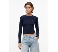 Langarmshirt TOMMY JEANS "TJW SLIM SH LETTUCE EDGE RIB LS", Damen, Gr. S (36/38), schwarz night navy, Single Jersey, Obermaterial: 95% Baumwolle, 5% Elasthan, unifarben, slim fit normal, Rundhals, Shi