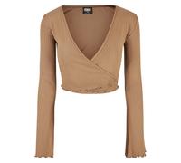 Langarmshirt URBAN CLASSICS "Urban Classics Damen Ladies Cropped Rib Wrapped Longsleeve", Damen, Gr. XL, beige (schwarztaupe), 95% Polyester, 5% Elasthan, unifarben, slim fit, V-Ausschnitt, Shirts Lan