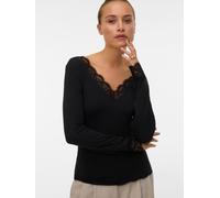 Langarmshirt VERO MODA "VMSKYE LS V-NECK LACE TOP JRS NOOS", Damen, Gr. L, schwarz, Jersey, Obermaterial: 86% Modal, 8% Wolle, 6% Elasthan, unifarben, normal, V-Ausschnitt, Shirts Langarmshirt, Materi