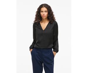 Langarmshirt VILA "VIELLETTE L/S SMOCK SATIN TOP - NOOS", Damen, Gr. 36, schwarz, Jersey, Obermaterial: 100% Polyester, unifarben, regular fit normal, V-Ausschnitt, Shirts Langarmshirt, Kunstfaser, re