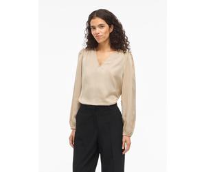 Langarmshirt VILA "VIELLETTE L/S SMOCK SATIN TOP - NOOS", Damen, Gr. 40, cement, Jersey, Obermaterial: 100% Polyester, unifarben, regular fit normal, V-Ausschnitt, Shirts Langarmshirt, Kunstfaser, reg