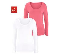 Langarmshirt VIVANCE "aus elastischer Baumwoll-Qualität", Damen, Gr. 40/42, orange (apricot, weiß), Single Jersey, Obermaterial: 95% Baumwolle, 5% Elasthan, unifarben, Basic, bequem normal, tiefer Run