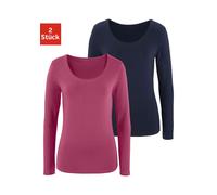Langarmshirt VIVANCE "aus elastischer Baumwoll-Qualität", Damen, Gr. 40/42, transparent (beere, navy), Single Jersey, Obermaterial: 95% Baumwolle, 5% Elasthan, unifarben, Basic, Basic normal, tiefer R
