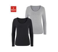 Langarmshirt VIVANCE "aus elastischer Baumwoll-Qualität", Damen, Gr. 44/46, grau (grau, meliert, schwarz), Single Jersey, Obermaterial: 95% Baumwolle, 5% Elasthan, unifarben, Basic, bequem normal, tie