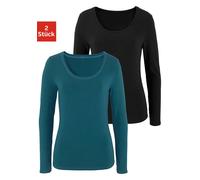 Langarmshirt VIVANCE "aus elastischer Baumwoll-Qualität", Damen, Gr. 48/50, grün (petrol, schwarz), Single Jersey, Obermaterial: 95% Baumwolle, 5% Elasthan, unifarben, Basic, bequem normal, tiefer Run
