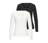 Langarmshirt VIVANCE, Damen, Gr. 32/34, schwarz, creme, Strick, Obermaterial: 100% Baumwolle, unifarben, körpernah, Rundhals, Shirts Langarmshirt, aus weichem Pointelle-Strick mit Spitze (81764936-32)
