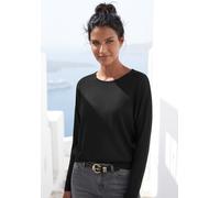 Langarmshirt VIVANCE "mit breitem Bund", Damen, Gr. 48/50, schwarz, Feinstrick, Obermaterial: 55% Polyester (REPREVE), 43% Viskose, 2% Elasthan, meliert, bequem normal, Rundhals, Shirts Langarmshirt,