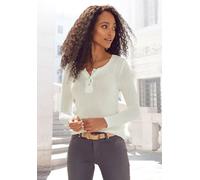 Langarmshirt VIVANCE "mit kurzer Knopfleiste", Damen, Gr. 36/38, beige (creme), Rippware, Obermaterial: 95% Viskose, 5% Elasthan, unifarben, Basic, eng normal, Rundhals, Shirts Langarmshirt, aus weich