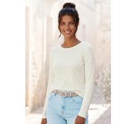 Langarmshirt VIVANCE "mit modischem Ajour-Muster", Damen, Gr. 40/42, beige (creme), Feinstrick;Jersey, Obermaterial: 60% Baumwolle, 40% Polyester, körpernah normal, Rundhals, Shirts Langarmshirt, aus