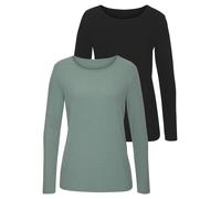 Langarmshirt VIVANCE "mit Rippstruktur", Damen, Gr. 44/46, grün (schwarz, eucalyptus), Rippware, Obermaterial: 63% Polyester (REPREVE), 34% Viskose, 3% Elasthan, Strukturmuster, unifarben, Basic, figu