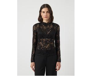Langarmshirt Y.A.S "YASLACEY LS LACE TOP S. NOOS", Damen, Gr. XL, schwarz, Jersey, Obermaterial: 95% Nylon, 5% Elasthan, unifarben, slim fit normal, hoch geschlossener Ausschnitt, Shirts Langarmshirt,