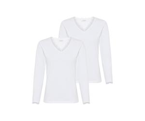 Langarmshirt YSABEL MORA "BASIC COLLECTION COTTON WITH LACE", Damen, Gr. M, weiß, Single Jersey, Obermaterial: 95% Baumwolle, 5% Elasthan, figurbetont hüftlang, Rundhals, Spitzenkante, Shirts Langarms