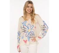 Langarmshirt ZWILLINGSHERZ "Crazy Flower", Damen, beige gelb, Web, Obermaterial: 80% Viskose, 15% Polyester, 5% Elasthan, bedruckt, mehrfarbig, figurumspielend hüftbedeckend, V-Ausschnitt, angeschnitt