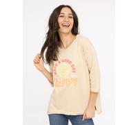 Langarmshirt ZWILLINGSHERZ ""Happy"", Damen, Gr. S/M, beige (hellbeige), angeraute Sweatware, Obermaterial: 50% Baumwolle, 50% Polyester, bequem Po-bedeckend, Rundhals, Shirts Langarmshirt, 3/4-Arm, R