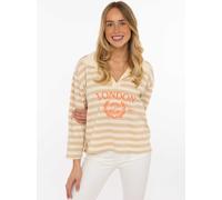 Langarmshirt ZWILLINGSHERZ "London", Damen, beige, Jersey, Obermaterial: 100% Baumwolle, gestreift, mehrfarbig, bequem hüftbedeckend, V-Ausschnitt, gerader Abschluss, Shirts Langarmshirt, gestreift, P