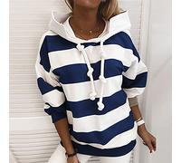 Langarmshirts Für Damen,Herbst Winter Kordelzug Hoodie Striped Print Hooded Sweatshirt Damen Langarm Taschen Tops Pullover,Blau,XL