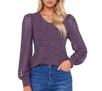 Langarmshirts mit V-Ausschnitt, für Damen Langarm-Shirt lässig, Herbst, leichte Tunika, Pullover, modische Kleidung, lockere Passform 2026 Y2KK gestrickt Elegante Blusen (Purple, S)