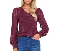 Langarmshirts mit V-Ausschnitt, für Damen Langarm-Shirt lässig, Herbst, leichte Tunika, Pullover, modische Kleidung, lockere Passform 2026 Y2KK gestrickt Elegante Blusen (Red, XL)
