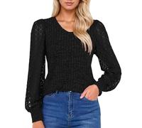 Langarmshirts mit V-Ausschnitt, für Damen Langarm-Shirt lässig, Herbst, leichte Tunika, Pullover, modische Kleidung, lockere Passform 2026 Y2KK gestrickt Elegante Blusen (Black, L)