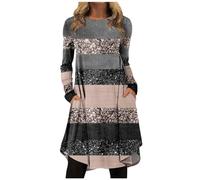 Lange Abendkleider Kleid Damen Elegant Lang Neckholder Unterkleid Einfarbig Rundhals Langarm Swing Pulloverkleid Mit Tasche Casual Locker Blusen Schwarz