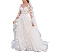 Lange Ärmel Spitze Brautkleid A-Linie Brautkleid Transparent Brautkleid Prinzessin Brautkleid, SEVENYXX, weiß, 42