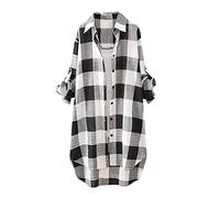 Lange Bluse Damen Leinenhemd Lang Kariert Shirt Frühling Revers Langarmshirt Knopfleiste Hemd Leinenbluse Lose Longbluse Blusenshirt Oberteile Tops, Schwarz, XXL