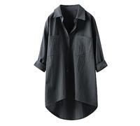 Lange Bluse Damen Leinenhemd Lang Kariert Shirt Frühling Revers Langarmshirt Knopfleiste Hemd Leinenbluse Lose Longbluse Blusenshirt Oberteile Tops