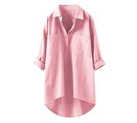 Lange Bluse Damen Leinenhemd Lang Kariert Shirt Frühling Revers Langarmshirt Knopfleiste Hemd Leinenbluse Lose Longbluse Blusenshirt Oberteile Tops