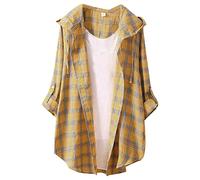 Lange Bluse Damen Leinenhemd Lang Kariert Shirt Frühling Revers Langarmshirt Knopfleiste Hemd Leinenbluse Lose Longbluse Blusenshirt Oberteile Tops