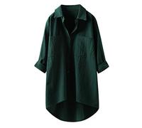 Lange Bluse Damen Leinenhemd Lang Kariert Shirt Frühling Revers Langarmshirt Knopfleiste Hemd Leinenbluse Lose Longbluse Blusenshirt Oberteile Tops