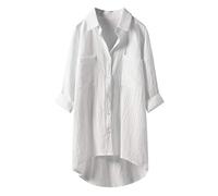 Lange Bluse Damen Leinenhemd Lang Kariert Shirt Frühling Revers Langarmshirt Knopfleiste Hemd Leinenbluse Lose Longbluse Blusenshirt Oberteile Tops