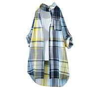Lange Bluse Damen Leinenhemd Lang Kariert Shirt Frühling Revers Langarmshirt Knopfleiste Hemd Leinenbluse Lose Longbluse Blusenshirt Oberteile Tops