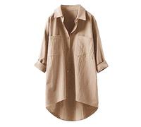 Lange Bluse Damen Leinenhemd Lang Kariert Shirt Frühling Revers Langarmshirt Knopfleiste Hemd Leinenbluse Lose Longbluse Blusenshirt Oberteile Tops