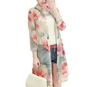 Lange Chiffon Cardigans für Damen Geblümte Chiffonbluse mit V Ausschnitt Kragen und Knopfleiste Leichte Sommer Cardigans mit Blumenmuster Strand Bikini Cover Ups Strandbekleidung Rote Blumen XL