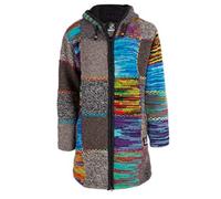 Lange Damen Wollmantel Patch Mehrfarbige Strickjacke mit Kapuze - SHAKALOHA - W Longpatch MixMulti fleecegefütterter Mantel - im fairen Wettbewerb in Nepal hergestellte Wolljacke.Warm! - S