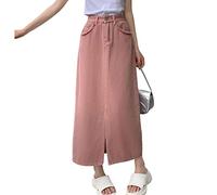 Lange Denim-Röcke für Damen, Maxi-Paperbag, hohe Taille, ausgefranster roher Saum, A-Linie, ausgestellter Jeansrock mit Taschen, Pink, Klein