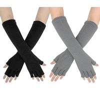Lange fingerlose Handschuhe für Damen, 2 Paar, Winter-Armstulpen, lange gestrickte Halbfingerhandschuhe, Handgelenkwärmer für Damen, Teenager, Mädchen, Herbst, Winter, schwarz / grau, One size